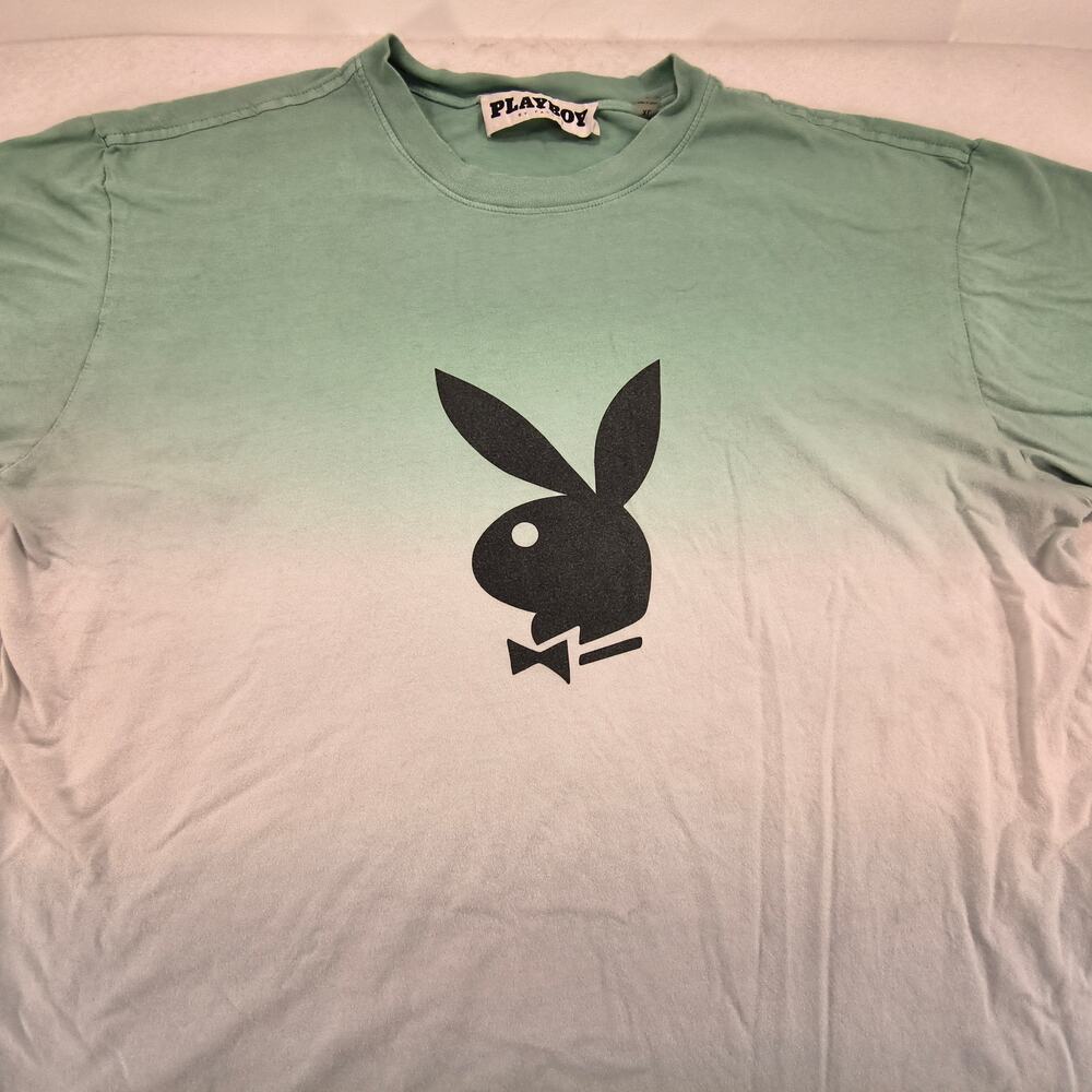 Playboy Graphic Casual Short Sleeve Crew Neck T Shirt Mens Size XL Green Blue